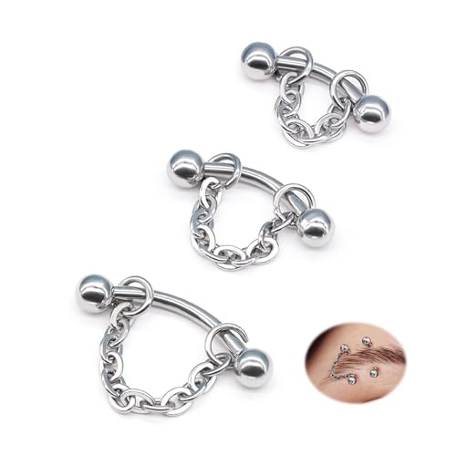 3 Pcs 316L Stainless Steel 16G Tragus Helix Rook Piercing Jewelry with Chain, Cartilage Earrings for Women, Belly Button Ring Vertical Labret Lip Piercing Jewelry - color: Silver, size: Ball