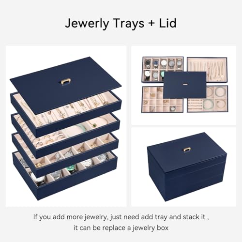 Voova Stackable Jewelry Organizer Tray with Lid (Set of 4, Dark Blue) | Stackable PU leather jewelry trays with drawer inserts for earrings, rings, necklaces, bracelets and watches; set of 4 - color: Navy Blue