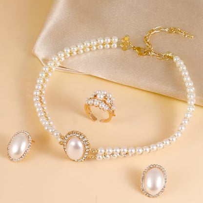 Pearl Jewelry Set for Women Faux Pearl Costume Jewelry Set with Necklace, Bracelets, Ring, Earrings for Wedding Bridal Birthday Tea Party - color: Milky White