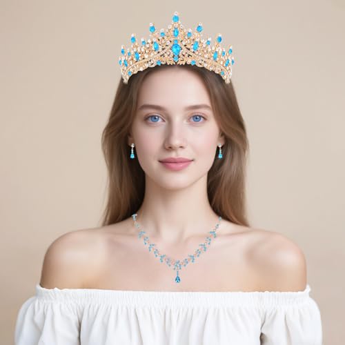 Crystal Crown and Tiara Jewelry Set for Women Bride with Necklace Earrings | Metal Rhinestone Royal Queen Princess Jewelry Set Wedding Quinceanera Pageant Prom Birthday Halloween Party Costume Gift - color: Style E-Light Blue