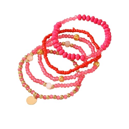 Bohemian Handmade Crystal Seed Beads Disc Pendant Colorful Multilayered Elastic Bracelets Stackable Stretch Strand Bangles Friendship Summer Beach Jewelry for Women - color: red