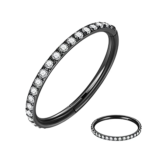 MissNity 20G, 18G, 16G, 14G Hinged Nose Rings Hoop with Gem in 316L Surgical Steel, Septum Clicker Cartilage Earrings Conch Daith Helix Rook Ear Lobe Piercing Jewelry, Diameter 6mm to 12mm - color: 04: Black - Clear CZ