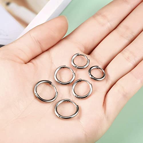Surgical Stainless Steel Hoop Earrings 8mm/10mm/12mm Small Huggie Hoop Earrings for Women and Men - color: D: Silver (Diameter 8mm/10mm/12mm),3 Pairs