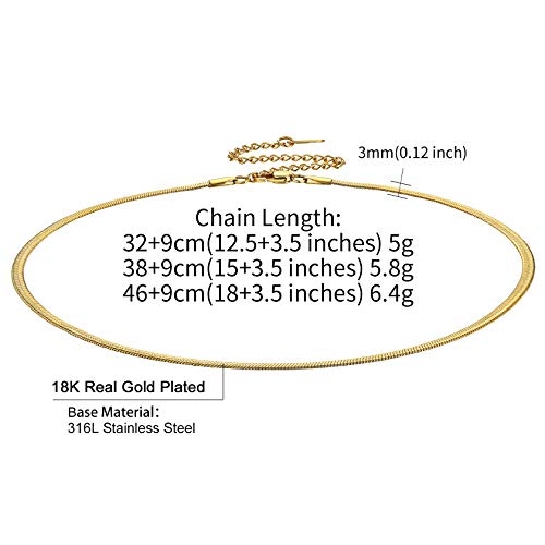 ChainsHouse Flat Snake Chain Herringbone Choker Necklace for Women, Stainless Steel/Rose Gold/18K Gold Plated Dainty Adjustable Simple Short Layered Necklaces, 12"/15"/18" with 3.5" Extender - color: a. 14k gold plated-3mm