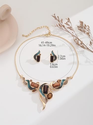 Chunky Statement Jewelry Set Vintage Retro Leaf Flower Floral Geometric Bohemian Boho Bib Necklace Earring Set Fashion Costume Jewelry for Women Girls Wedding Party Prom Unique Gift - style: Rectangle-blue