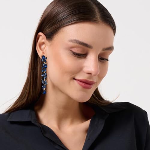 Crysdue Clip On Earrings for Women Rhinestone Crystal Teardrop Cluster Wedding Bridal Non Pierced Long Dangle Earring for Prom Party - color: Sapphire Gold-Tone