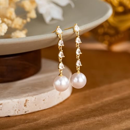 CHESKY Pearl Drop Earrings for Women, 14K Gold Plated Pearl Dangle Earrings | Dainty Pearl Earrings for Women,WaterProof Gold Brides Wedding Earrings,Bridesmaid Bridal Gift,Trendy Women Everyday Jewelry - style: 4CZ