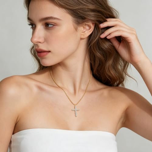 Cross Necklace for Women, Silver Cross Pendant Necklaces | 14K Gold Plated, Dainty CZ Cross Necklace, Non Tarnish and Hypoallergenic Jewelry for Women, Christian Religious Faith Gifts - color: 01-Gold-White
