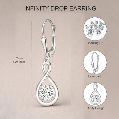 LeCalla 925 Sterling Silver Leverback Drop Earrings | Lightweight Italian Teardrop Dangle Earring for Women - color: CZ Infinity Drop