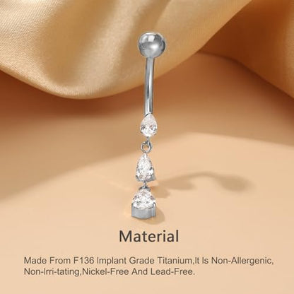 Gold Belly Button Ring, Titanium Dangle Floating Navel Piercing Jewelry - color: Silver-Dangle-10mm