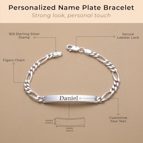 LeCalla Personalized Customised Engraved Name Men's Figaro Chain ID Bracelet in 925 Sterling Silver Personalized Custom Birthday Christmas Fathers Day Jewelry Gift for Dad Husband - color: Thickness 5.5 mm