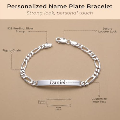 LeCalla Personalized Customised Engraved Name Men's Figaro Chain ID Bracelet in 925 Sterling Silver Personalized Custom Birthday Christmas Fathers Day Jewelry Gift for Dad Husband - color: Thickness 5.5 mm