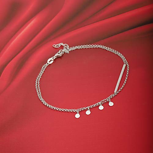 Vanbelle Sterling Silver Jewelry - Rhodium Plated with 925 Stamp - Double Layered Chain Circle & Bar Charms Anklet - Elegant handcrafted Stylish Designed for Women- 9" long + 1" extender