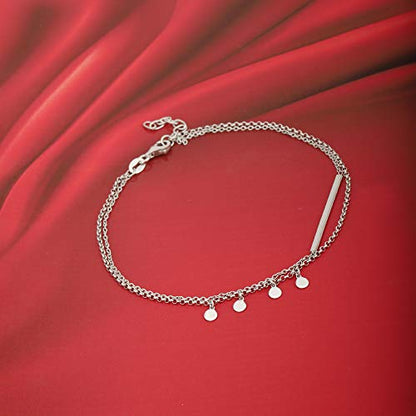 Vanbelle Sterling Silver Jewelry - Rhodium Plated with 925 Stamp - Double Layered Chain Circle & Bar Charms Anklet - Elegant handcrafted Stylish Designed for Women- 9" long + 1" extender