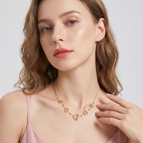 18K Gold Plated Open Heart Layered Necklace for Women, Dainty Multi Heart Pendant Y-Necklace, Minimalist Boho Jewelry