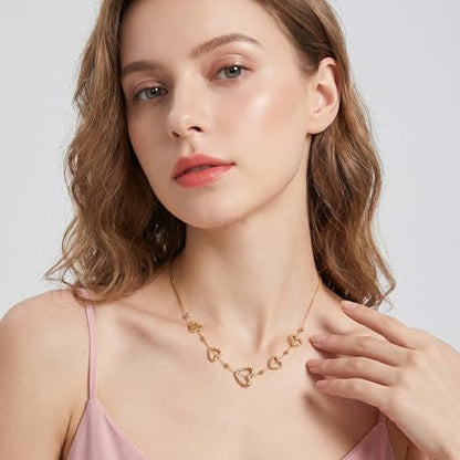 18K Gold Plated Open Heart Layered Necklace for Women, Dainty Multi Heart Pendant Y-Necklace, Minimalist Boho Jewelry
