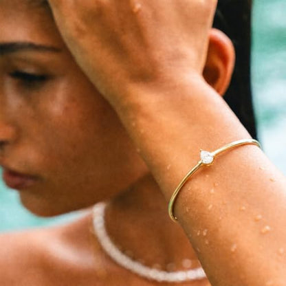 Gold Cuff Bracelets for Women, 14K Gold Plated Dainty Open CZ Cuff Bracelet Adjustable Stackable Open Bangle Bracelet Birthday Jewelry Gift for Her - color: Drop CZ-Gold