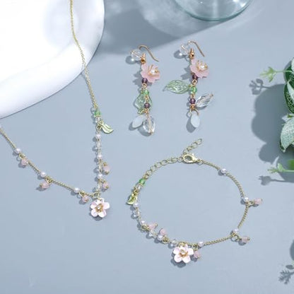 NEWITIN 4 Pieces Flower Jewelry Set for Women Fashion Costume Jewels Pink Flower Dangle Earrings Necklace Floral Beads Bracelet Gold Jewelry Set for Women - color: Pink Flower Jewelry Set