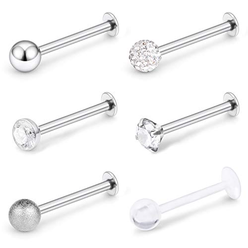 16G Stainless Steel Labret Studs Monroe Lip Rings Retainer Cartilage Tragus Nail Conch Helix Earring Barbell Piercing Jewelry with Clear Diamond CZ for Women Men - color: 5/16"(8mm) silver-tone