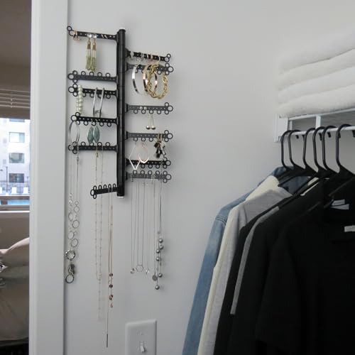 12-Tier Hanging Wall Jewelry Organizer, Earring,Necklace,Ring Holder-Black | Large Capacity with 120 Earring Holes, Rotating Branches, genuine 3M Command Strips, Bracelet, Ring & Necklace Storage - color: Black 12-Tier