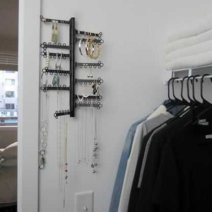 12-Tier Hanging Wall Jewelry Organizer, Earring,Necklace,Ring Holder-Black | Large Capacity with 120 Earring Holes, Rotating Branches, genuine 3M Command Strips, Bracelet, Ring & Necklace Storage - color: Black 12-Tier