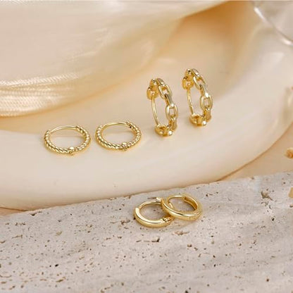 Risamil 3Pairs Gold Hoop Earrings for Women Trendy, 14K Gold Plated Hoops Huggie Earrings Dainty Chunky Earring Stacks Cute Earring Set Gold Jewelry Set for Women Gifts Fashion Accessories - color: 3 pair gold earrings4