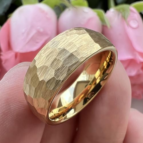 TUTISS 6mm 8mm Silver/Black/Gold/Rose Gold Hammered Tungsten Rings for Men Women Couple Fashion Jewelry Engagement Wedding Bands Domed Matte Finish Comfort Fit - color: 8mm Gold I Love You Engraved