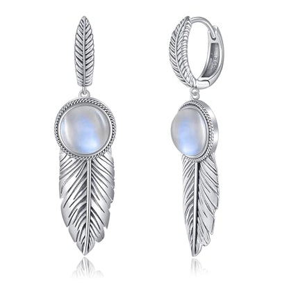 AVECON Feather Earrings for Women with 10mm Round Moss Agate/Moonstone/Mother of Pearl 925 Sterling Silver Dangle Earrings Lever Back Drop Earrings Jewelry Gifts for Her