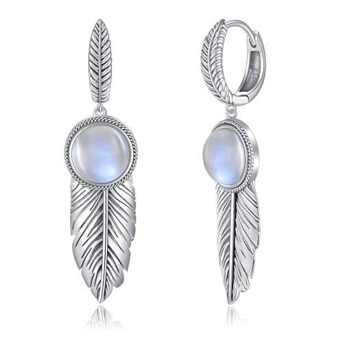 AVECON Feather Earrings for Women with 10mm Round Moss Agate/Moonstone/Mother of Pearl 925 Sterling Silver Dangle Earrings Lever Back Drop Earrings Jewelry Gifts for Her