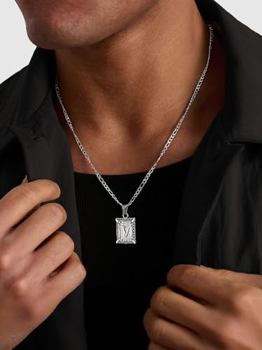 U7 Initial Letter Necklace for Men Women, 14K Gold/Silver Plated Square Capital Monogram Pendant Necklace from A-Z with 22+2 Inch Figaro Chain, Personalized Jewelry for Him - color: Silver, style: V