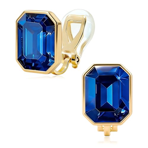 Octagon Austrian Crystal Non Pierced Clip On Earrings for Women | 14K Gold-Plated,Silicone Comfort Pad,Great for Unpierced Ears, Gift Box Included,Brighten Up Daily Outfits - color: Sapphire