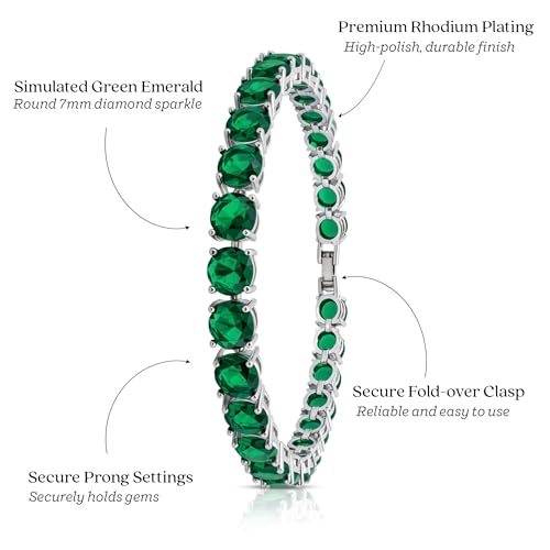KEZEF Tennis Bracelet for Women, 7mm Round CZ, Silver Plated Brass, 6.5–8 Inch, Fold-Over Clasp - color: Simulated Green Emerald, size: 7 Inch