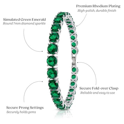 KEZEF Tennis Bracelet for Women, 7mm Round CZ, Silver Plated Brass, 6.5–8 Inch, Fold-Over Clasp - color: Simulated Green Emerald, size: 7 Inch
