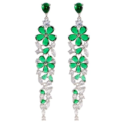 CZ Bridal Earrings for Wedding - 14k Plated Sterling Silver Elegant Teardrop Cubic Zirconia Crystal Rhinestone Floarl Leaf Cluster Chandelier Statement Dangle Drop Earrings for Bride Bridesmaids Party - color: Green Flower - Silver