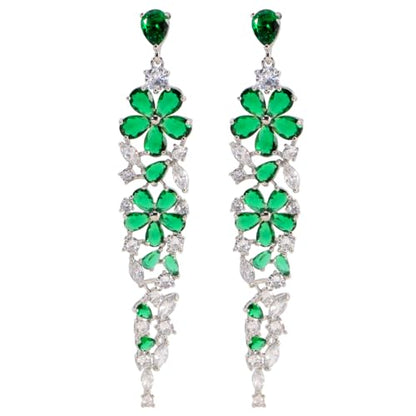 CZ Bridal Earrings for Wedding - 14k Plated Sterling Silver Elegant Teardrop Cubic Zirconia Crystal Rhinestone Floarl Leaf Cluster Chandelier Statement Dangle Drop Earrings for Bride Bridesmaids Party - color: Green Flower - Silver