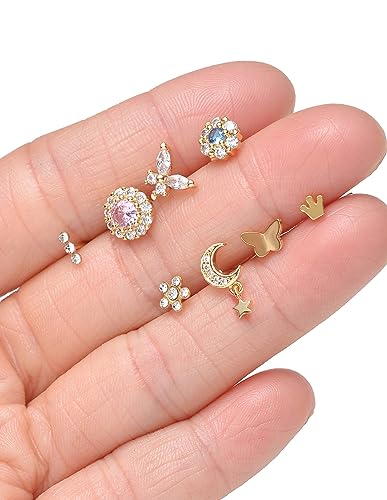 Akeoqi 18Pcs Nose Rings Hoops L Shape Nose Studs Screw Bone CZ Butterfly Flower Cross Leaf Star Crown Heart Nose Nostril Piercings Jewelry Set For Women Men Gold Silver Tone 20G - color: A1:Gold-18PCS