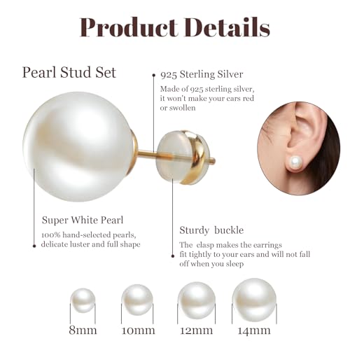 4 Pairs Pearl Stud Earrings Sterling Silver Earring Set | 14K Plated Gold Hypoallergenic Earring stud Large size Round pearl 8mm-14mm Set Earrings for women - style: Round-4 Pairs
