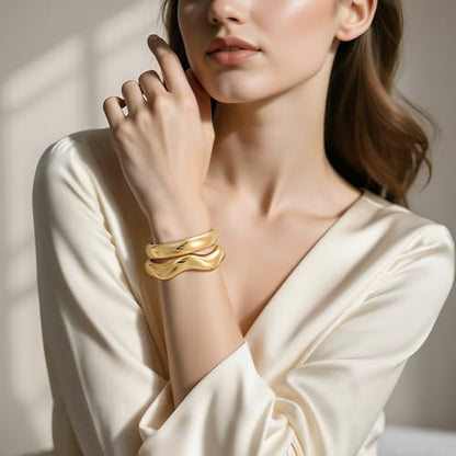 Emibele Gold Bangles for Women, 2PCS Irregular Chunky Gold Bracelet Hinged Open Bangle Bracelets for Women, Fashion Wide Arm Cuff Minimalist Chunky Jewelry Gifts for Valentine Christmas Birthday - style: G Gold