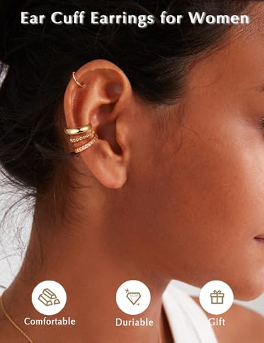 4Pairs 14K Gold Plated Ear Cuff Earrings for Women Non Piercing Jewelry | Hypoallergenic Earring Cuff for Sensitive Ears 14K Gold Silver Plated Non Tarnish Clip On Cartilage Fake Earring Set Trendy - color: 14K Gold Plated