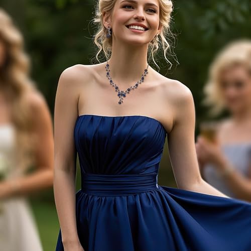 Women's Wedding Jewelry Set for Bride,Prom Bridal Accessories | Bling Crystal,Flower Leaf Cluster,Dangle Earrings Pendant Necklace Set,for Bridesmaid,Party Jewellery - color: 18-Navy Blue Silver-Tone