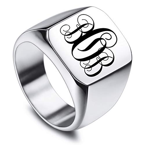 VIBOOS Custom Engraved Initial Monogram Signet Ring for Men Women Mens Rings Stainless Steel, Bundle with Ring Size Adjusters - color: A3: Silver - Monogram