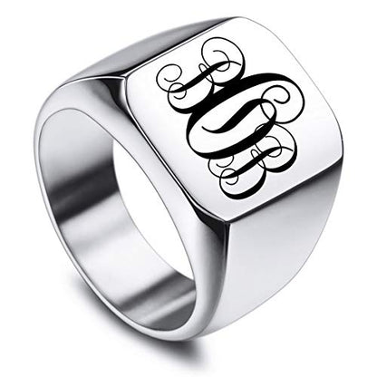 VIBOOS Custom Engraved Initial Monogram Signet Ring for Men Women Mens Rings Stainless Steel, Bundle with Ring Size Adjusters - color: A3: Silver - Monogram