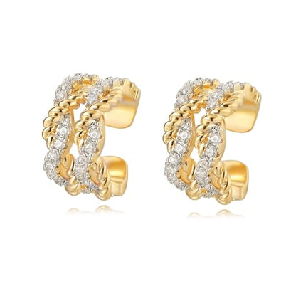 Gold Ear Cuff Earring for Women 14K Gold Plated Cubic Zirconia Non-Pierced Clip on Cartilage Chunky Ear Cuffs Hypoallergenic Jewelry - style: 2rope / pair