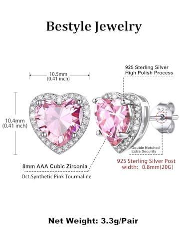 Bestyle Authentic 925 Sterling Silver 2 Carat Birthstone Earrings for Women, More Sparkle Heart/Round Solitaire Diamond Studs Earrings, Great Birthday/Christmas/Anniversary Jewelry for Wife Mother - color: 10. Oct. Pink Tourmaline-Heart