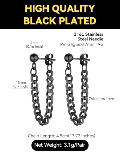 ChainsHouse Stud Earrings for Men Women,316L Stainless Steel/14K Gold/Black Plated Metal, Punk Hypoallergenic Surgical Huggie Hoop Earrings Mens Jewelry Piercing Hoop Earrings - style: C: Black-Cuban Chain
