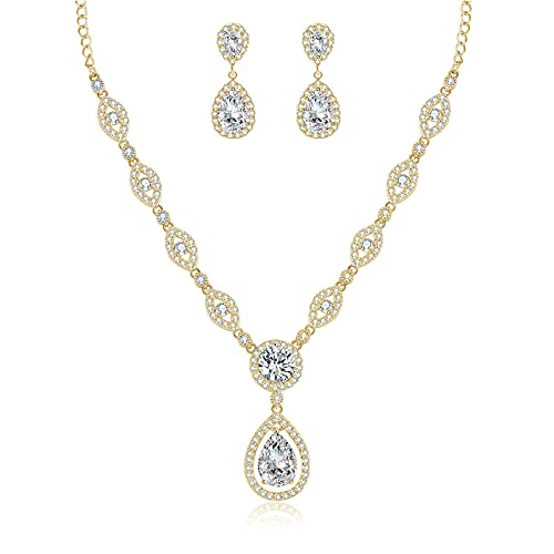 GULICX AAA Cubic Zirconia CZ Silver Plated Base Women's Party Jewelry Set Earrings Pendant Necklace - color: gold plated