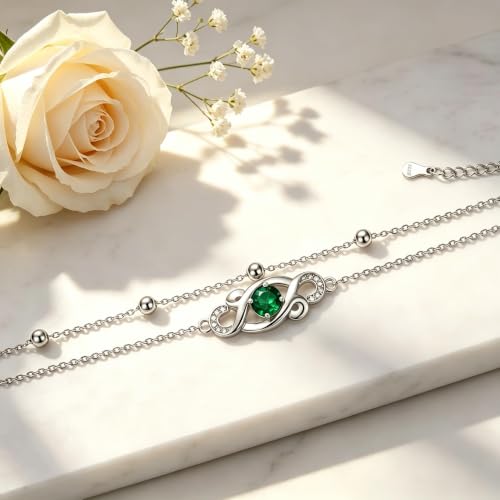 Dorunmo Birthstone Infinity Love Bracelet for Women 925 Sterling Silver Sparkling Gemstone Double Layered Adjustable Bracelets Birthday Jewelry Gifts for Mom Women - color: 05-May-Emerald