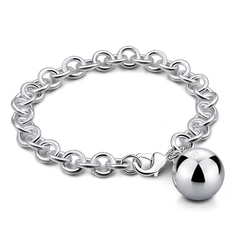 Dankadi Women 925 Sterling Silver Round Cable Wire Link Bracelet Charm Heart-Bell-Square-Circle Pendant Chain Bangle Fine Jewelry Gift For Wife Her - color: 8.5MMSilver Bell Pendant, size: 5.9 in