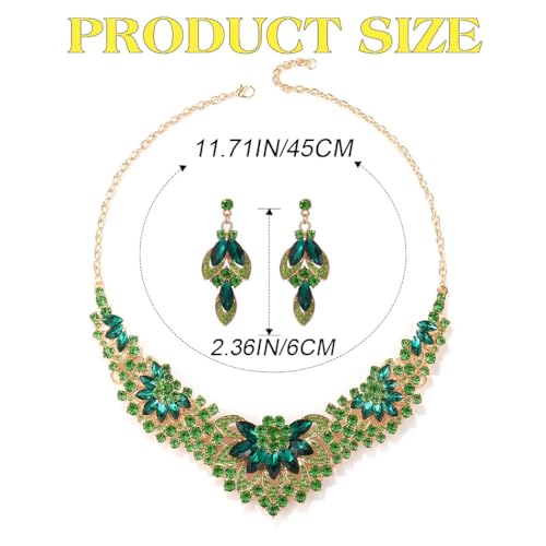 Yonamix Gold Jewelry Set Wedding Rhinestone Necklace Sets for Women | Formal Prom Dinner Party Gala Night Crystal Flower Necklaces Earrings - color: C Green