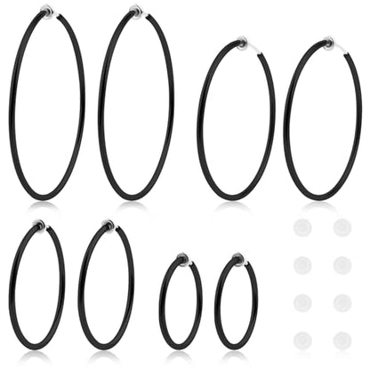 4 Pairs Clip On Hoop Earrings Brass Circle Fake Hoop Spring Earring Clips and 4 Pairs Anti-Pain Earring Pads for Women Non-Pierced Ears, 4 Sizes - color: Black